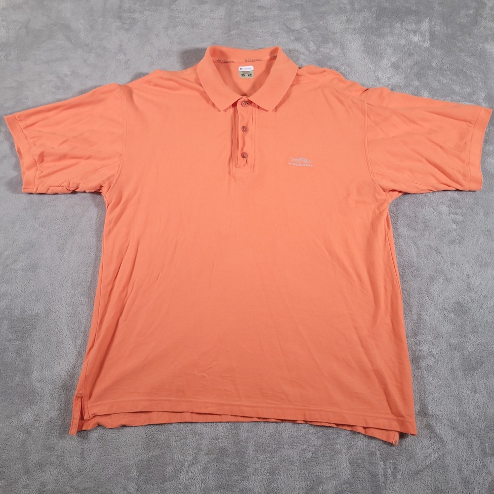 Columbia Polo Shirt Mens Large Orange Short Sleeve Pique Embroidered Fish Logo